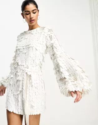 ASOS DESIGN all over feather sequin embellished long sleeved mini dress in white | ASOS (Global)