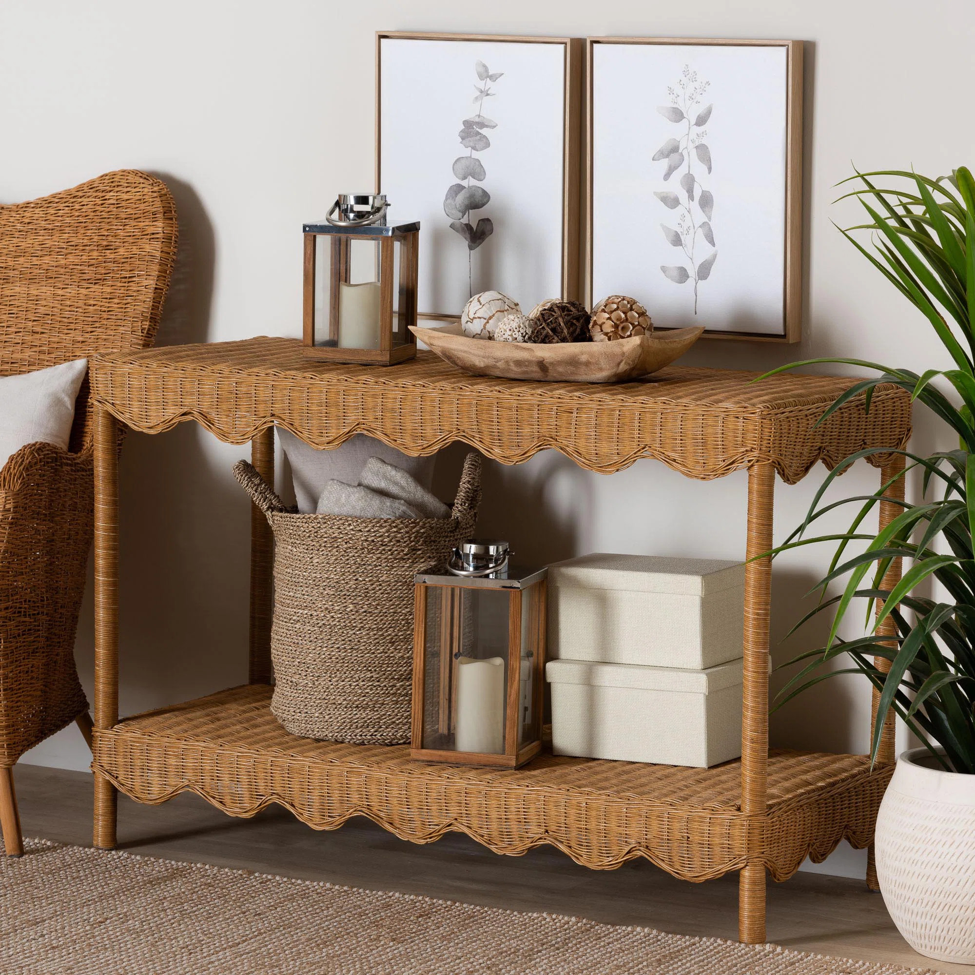 Bali & Pari Oteria Bohemian Light Honey Scalloped Rattan Console Table | Wayfair North America