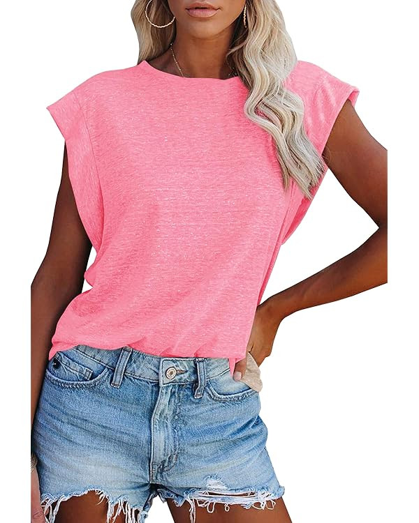 FISACE Womens Summer Crew Neck Cap Sleeve Tank Tops Casual Loose Fit Basic Shirts Blouses | Amazon (US)