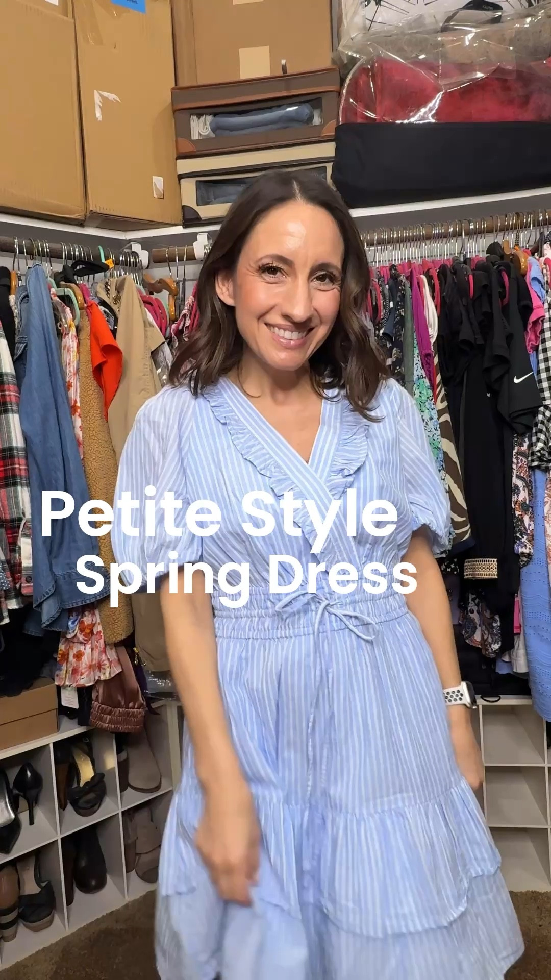 Blue and white puff sleeve spring dress. Dress runs big so down 1 size  
Wedge sandals. 
Petite outfit 
Petite dress
Vacation dress 

#LTKOver40 #LTKPetite #LTKootd