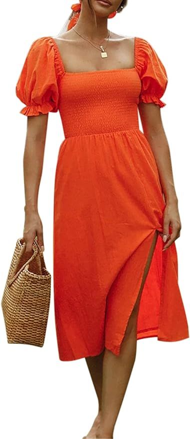R.Vivimos Summer Dress for Women Cotton Plaid Puff Sleeves Causal Off-Shoulder Boho Side Slit Mid... | Amazon (US)