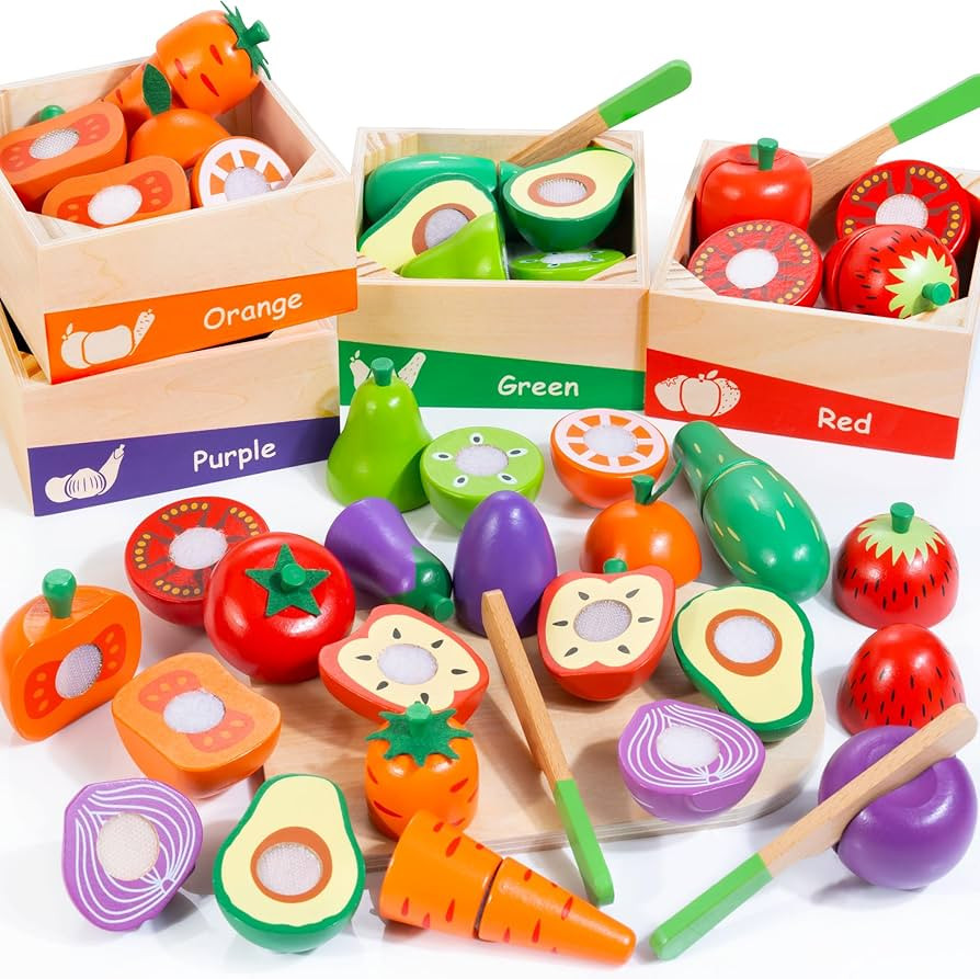 Wooden Play Food for Toddlers, Color Food Groups, Fruit & Veggies Cutting Set, Pretend Play Food ... | Amazon (US)