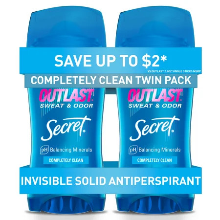 Secret Outlast Invisible Solid Antiperspirant Deodorant, Completely Clean, 2.6 oz Twin Pack | Walmart (US)