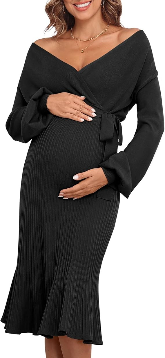 V FOR CITY Maternity Sweater Dress Women Fall Wrap V Neck Pleated A Line Waist with Belt Pregnanc... | Amazon (US)