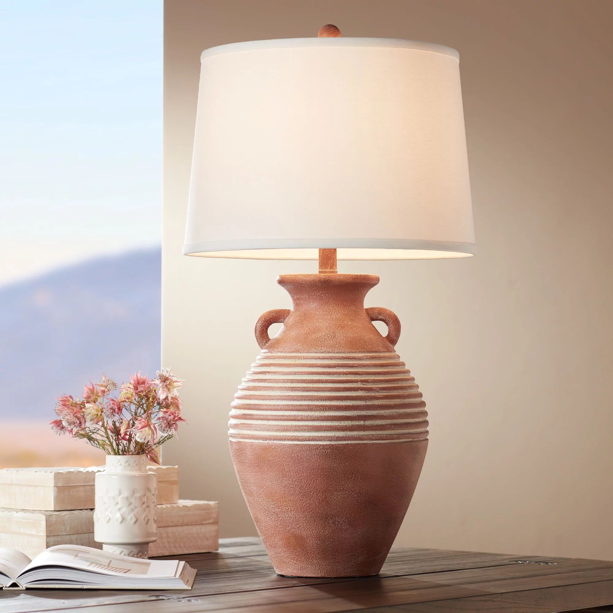 John Timberland Rustic Table Lamp Southwest Red Brown Sandstone Linen Drum Shade for Living Room ... | Walmart (US)