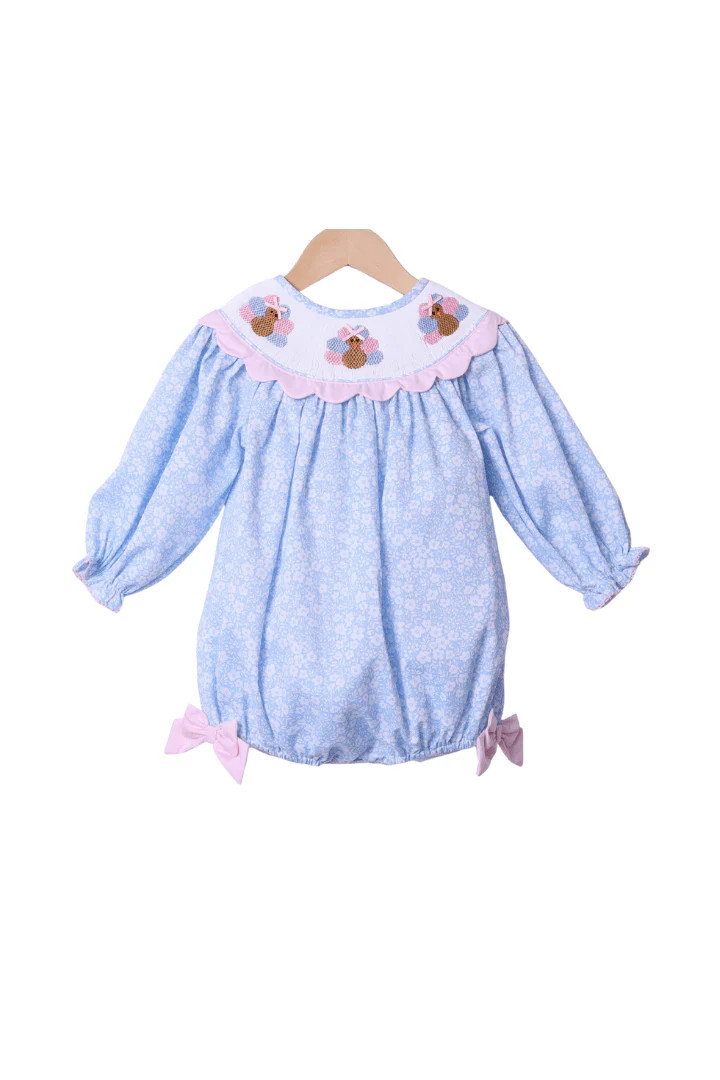 Smocked Turkey Blue Floral Scalloped Bubble | The Smocked Flamingo
