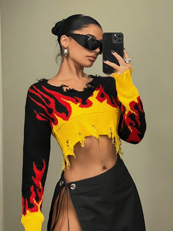 SHEIN ICON Fire Pattern Distressed Crop Sweater | SHEIN