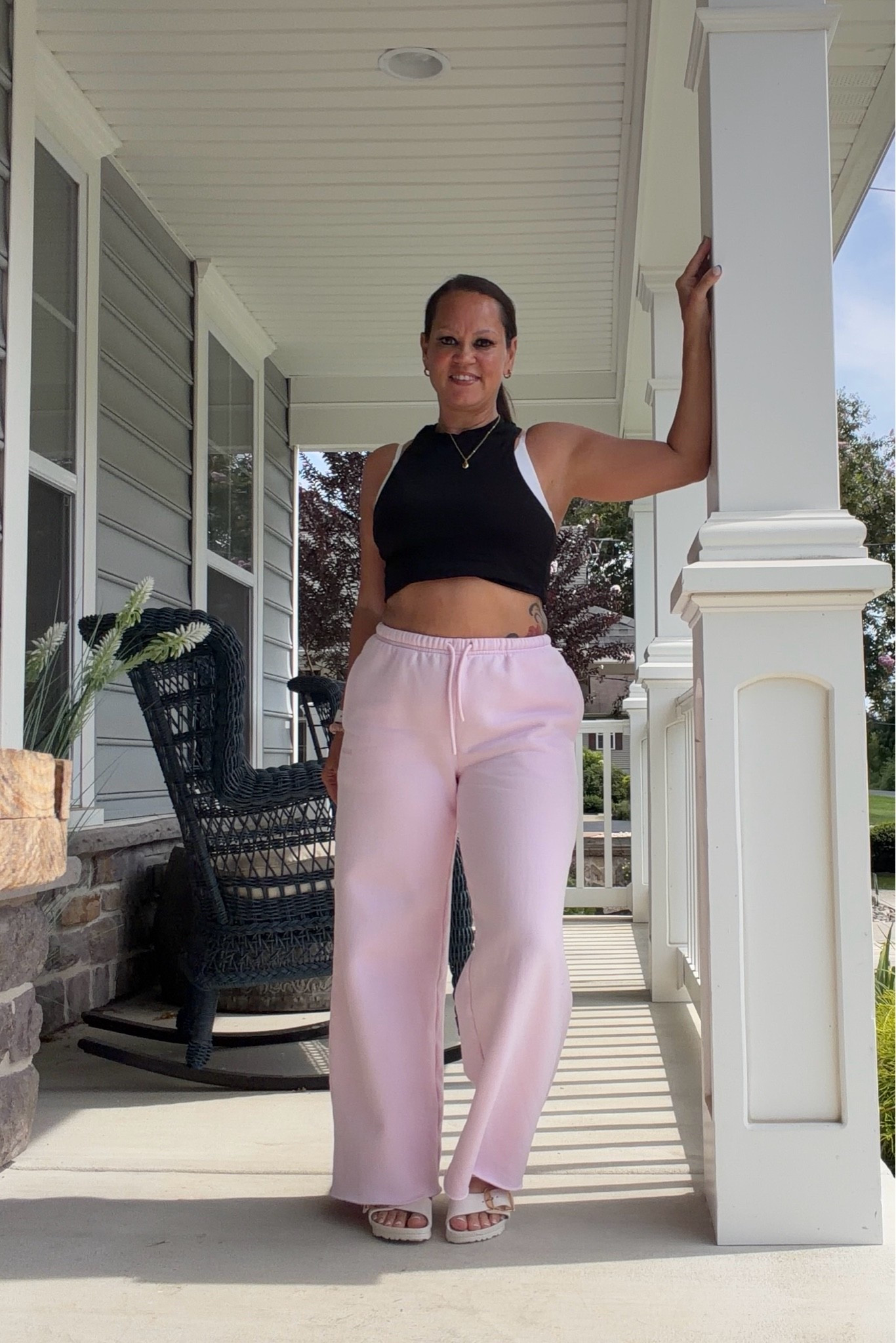 Comfort, but make it cute 🩷 These soft pink wide-leg pants paired with a simple black crop top are perfect for an easy, laid-back day. Comfy enough for lounging, polished enough to leave the house—and that’s exactly how I like my casual outfits.

Would you wear this look for errands or a cozy day at home?


#CasualStyle #ComfyChic #EverydayStyle

#LTKActive #LTKTravel #LTKOver40