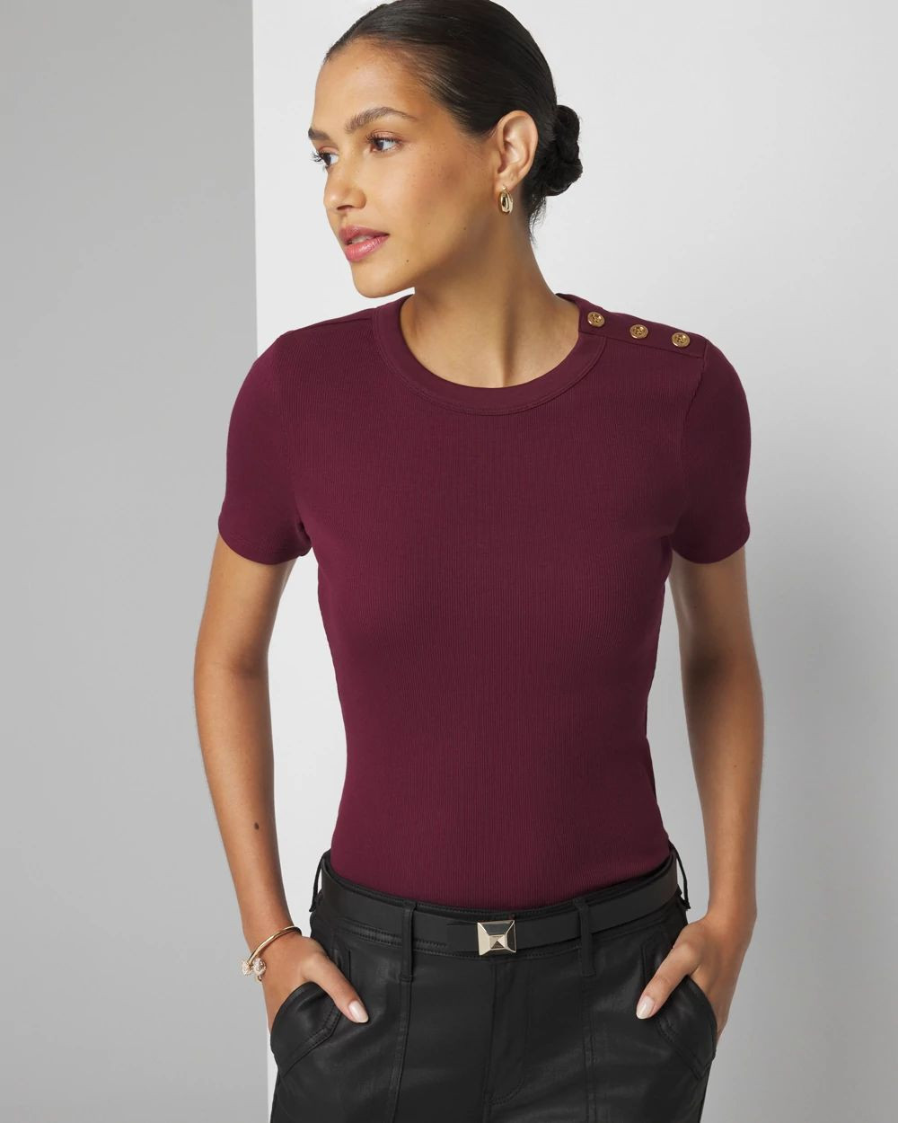 Short Sleeve Button Shoulder Tee | White House Black Market