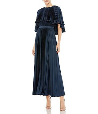 Mac Duggal Pleated Short Sleeve Belted Caplet Maxi Dress - 20 | Dillard's