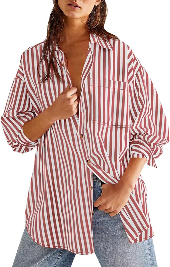 Cicy Bell Womens Oversized Striped Button Down Shirts Boyfriend Long Sleeve Collared Work Blouses | Amazon (US)