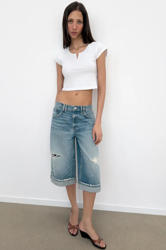 MID-RISE TRF RIPPED DENIM JORTS | Zara Canada