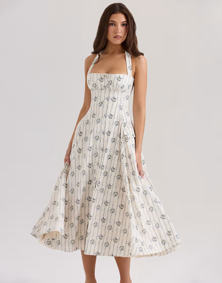 House of CB Claudia stretch cotton halter neck midi dress in cream daisy print-Neutral | ASOS (Global)