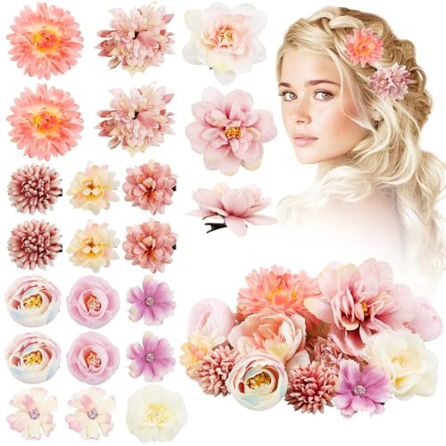 TEBIEKOY Flower Hair Clips Set Boho Hair Barrettes for Women Hawaiian Flower Clips Floral Bride Claw Clip Hairpin Handmade Flower Hair Aaccessories for Weeding,21 PCS(White & Pink) | Amazon (US)