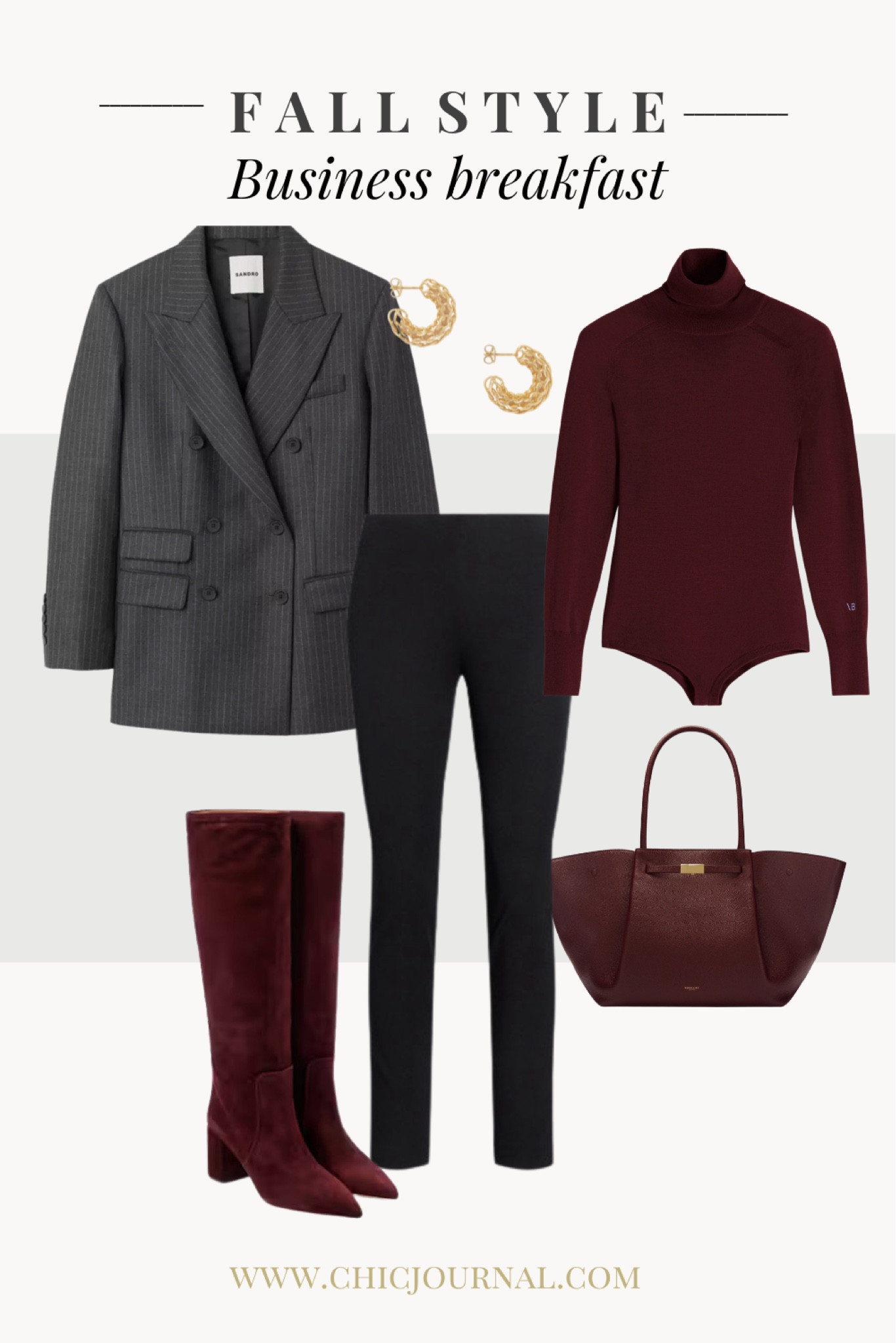 Perfect combination of smart casual look for business breakfast with black leggings, burgundy knee high boots, burgundy bodysuit, striped oversized blazer and burgundy tote bag #kneehighboots 
#burgundybag #oversizedblazer


#LTKStyleTip #LTKWorkwear #LTKSeasonal