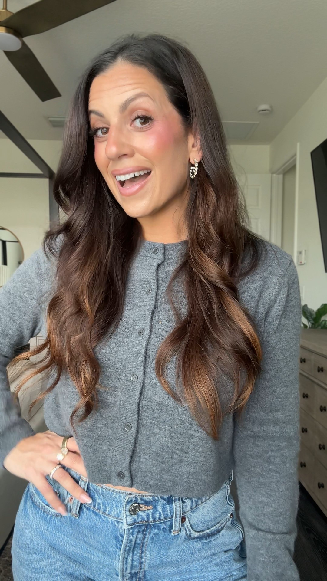 Abercrombie low rise ultra loose jeans. Baggy jeans for women. Runs TTS. Wearing a 27 regular. Cardigan is SO soft. High quality. Runs TTS. Wearing a small  

#LTKOver40 #LTKootd #LTKmomlife