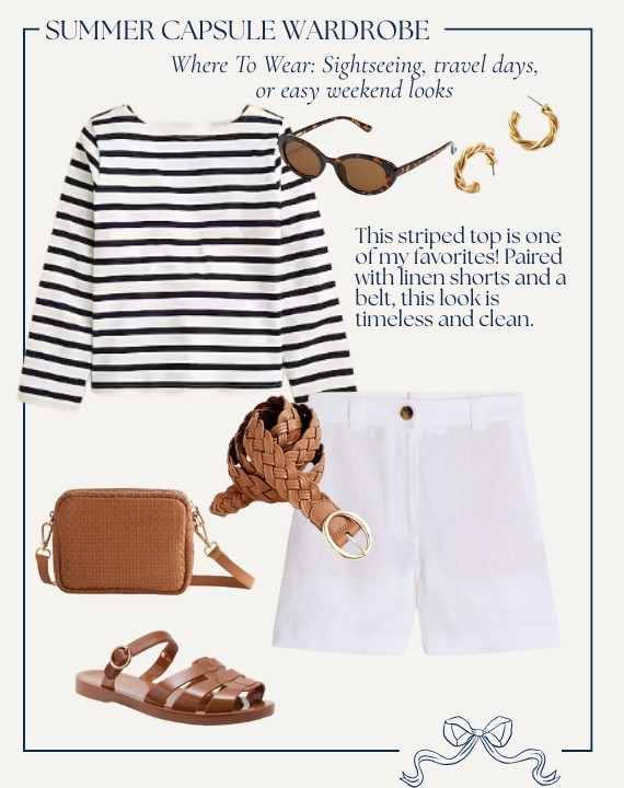 Classic Style Summer Capsule Wardrobe // New England inspired preppy summer outfit idea // STRIPED LONG-SLEEVE TEE & WHITE LINEN SHORTS // This striped top and linen short pairing is timeless and clean. Styled with brown sandals and accessories, it’s ideal for looking pulled together while staying cool and comfortable. Where to Wear: Sightseeing, travel days, or easy weekend looks

#LTKStyleTip #LTKSeasonal #LTKFindsUnder100