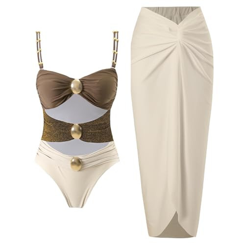 YUNIDMEIM Women's One Piece Swimsuit with Cover up Set Beach Wrap Skirt Retro Bikini Set Two Piece Bathing Suit with Cover up Brown | Amazon (US)