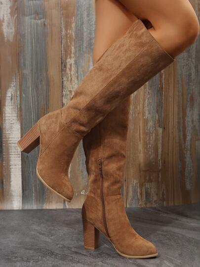 Point Toe Chunky Heeled Faux Suede Classic Boots | SHEIN