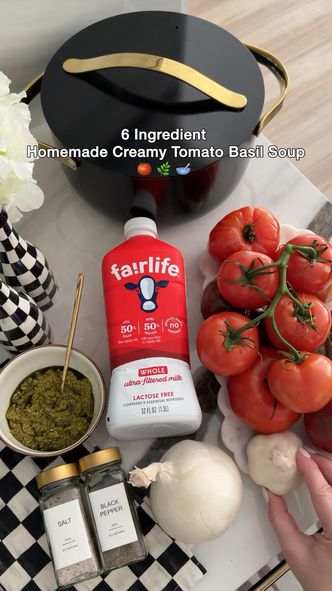 I love using @fairlife whole ultra-filtered milk in my cooking—it's rich, creamy, and simply delicious! 🍅🌿 This homemade creamy tomato basil soup is a game-changer, and I’ll never go back to canned soup again. Perfect for warming up on a chilly day, it combines fresh ingredients with the unique richness of fairlife milk, making every spoonful a delight. 

6 Ingredient Creamy Tomato Basil Soup

6-8 heirloom tomatoes, quartered
1 small onion, quartered
3 TBSP Olive Oil
1 cup fairlife whole ultra-filtered milk
4-5 garlic cloves 
4-5 fresh thyme leaves 
1/3 cup pesto 
salt & pepper to taste

1. Quarter tomatoes and onion.
2. In a large pot, combine the tomatoes, onion, olive oil, garlic, thyme, and salt and pepper. Cook on low-medium for 20-30 minutes or until the tomatoes begin to burst and release their juices. Let cool slightly.
3. Add the milk and pesto. Blend until smooth with an immersion blender. Heat again over medium heat until bubbling.  Season the soup with salt and pepper. Top with fresh basil and croutons.  Enjoy! 

#LTKHome #LTKfoodie #LTKdayinmylife