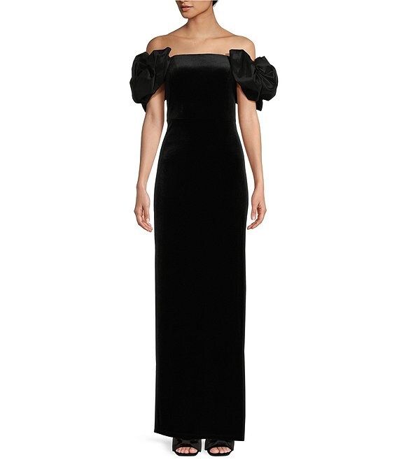 Taffeta Off-The-Shoulder Bow Trim Side Slit Long Dress | Dillard's