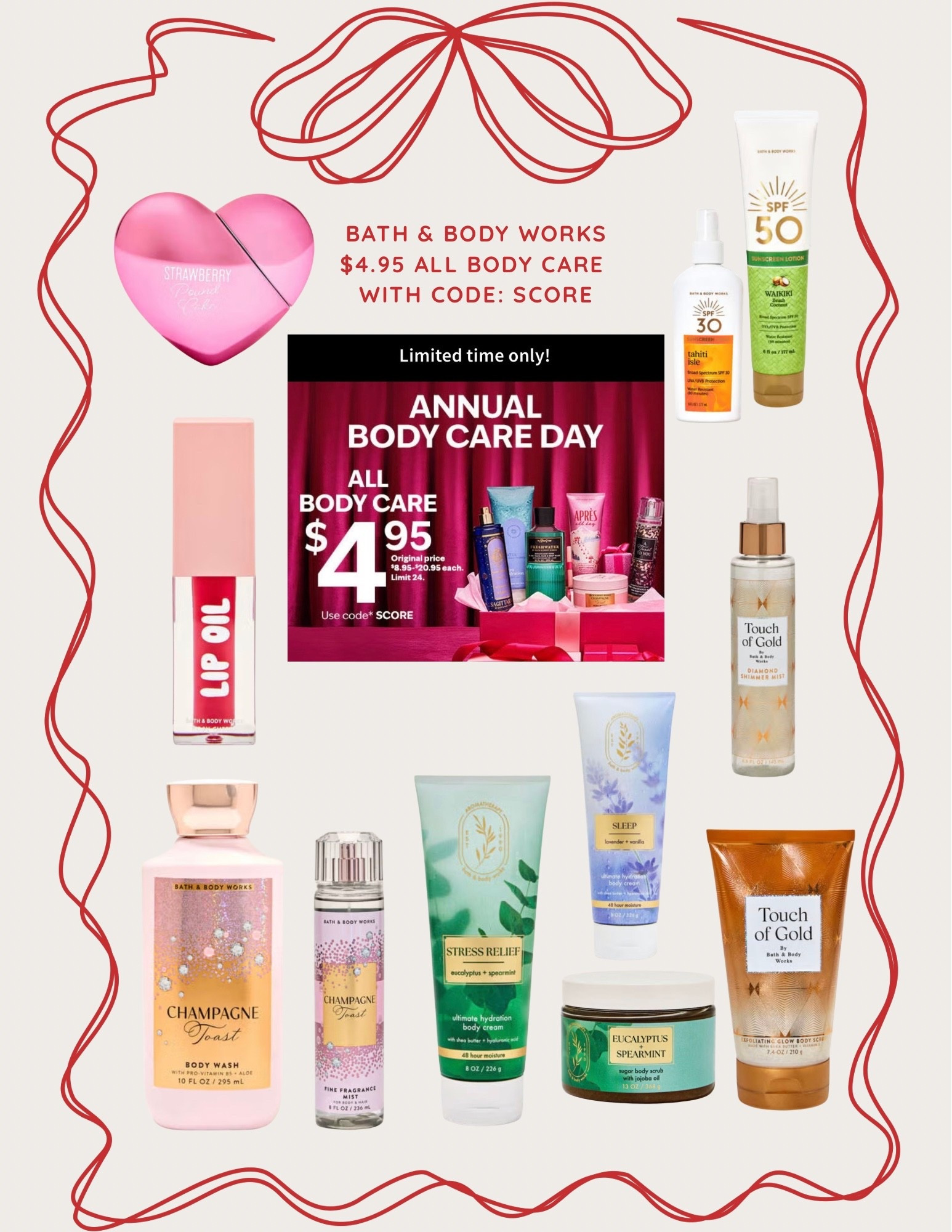 BATH & BODY WORKS! $4.95 ALL BODY CARE WITH CODE: SCORE 

This includes: Lotions, body sprays, body shimmers, body scrub, hair care, sun care, lip care, body wash, ALL BODY CARE!!! 😊

#LTK12Days #12DaysOfLTK #LTKFindsUnder50

#LTKGiftGuide #LTKHoliday #LTKBeauty
