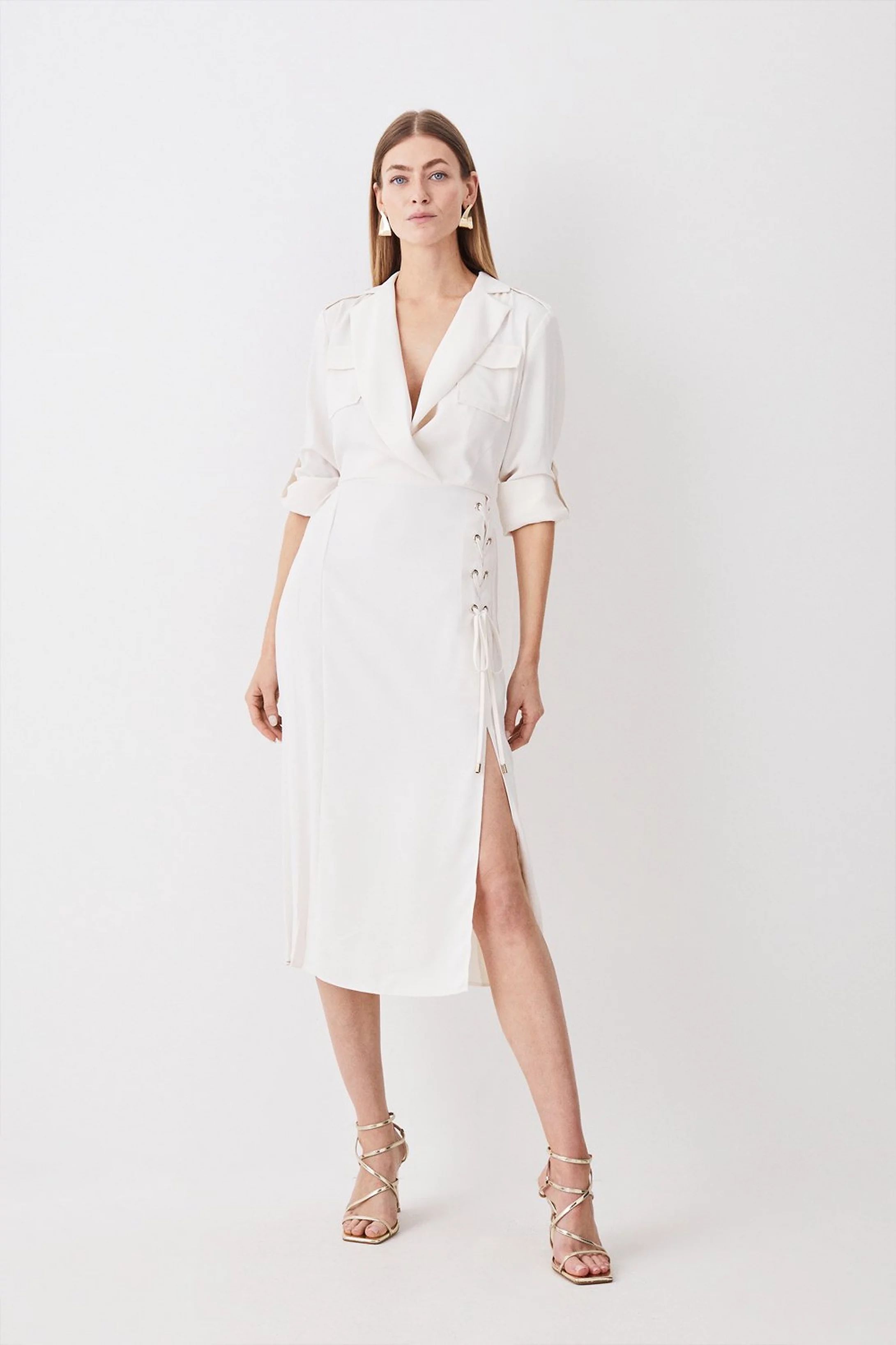 Soft Tailored Lace Up Pleated Shirt Dress | Karen Millen UK + IE + DE + NL