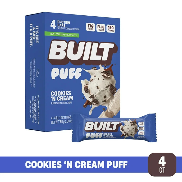 BUILT Puff Protein Bar, Cookies N' Cream, 17g Protein, Collagen, 150 Calories, 4 Count Box, 1.41 ... | Walmart (US)