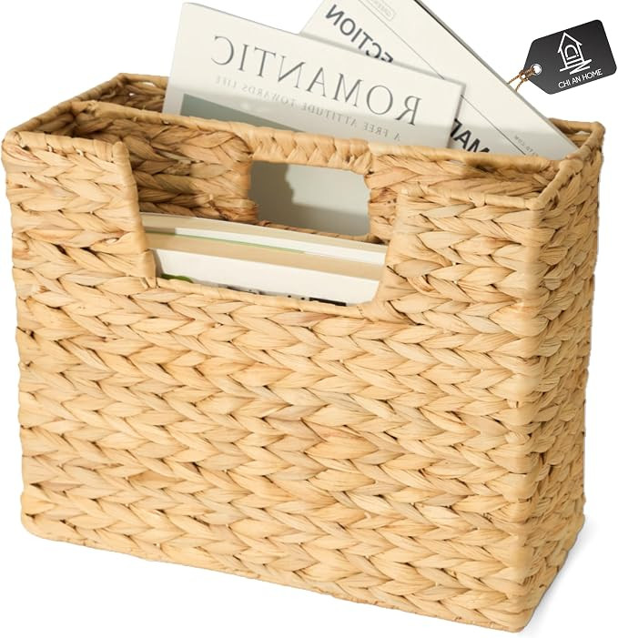 Wicker Magazine Basket, Handwoven Water Hyacinth Storage Bin & Organizer for Files, Books, Newspa... | Amazon (US)