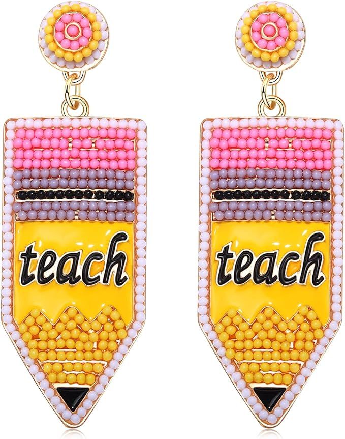 Boderier Teacher Earrings Beaded Teacher Pencil Book Drop Dangle Earrings Teacher Appreciation Gi... | Amazon (US)