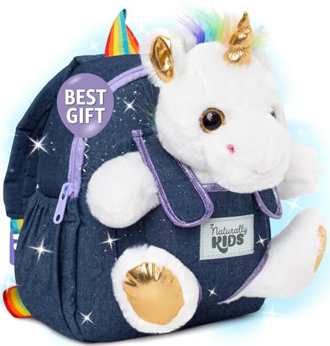 Naturally KIDS 【Upgraded】 Toddler Backpack w Removable Unicorn Toy for Girls Age 2-6 | Side & Inner Pockets, Reflective Logo, Name Tag, Sparkly Denim | Cute Christmas Gifts | Amazon (US)