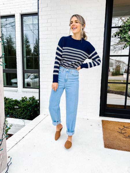 I love this looks so much. The sweater is so incredibly soft and expensive looking. I have it in both the navy and the neutral color. Swipe to see both! And it’s $26 jeans are my new fades! So comfy and stretchy and super high waisted! Make sure you size down in them. I could even size down two  