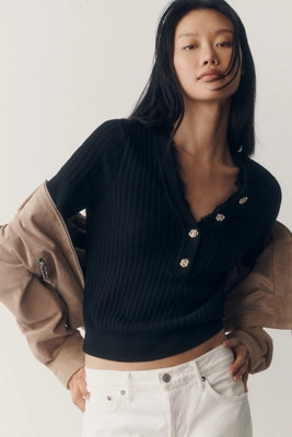Ribbed Lace-Trimmed Sweater | Anthropologie (US)