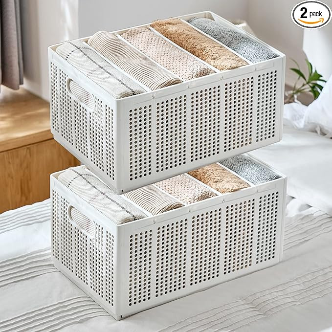 UNZIPE 2 Pack Closet Storage Bins with Handle, Plastic Storage Baskets Organizer Clothes Organize... | Amazon (US)