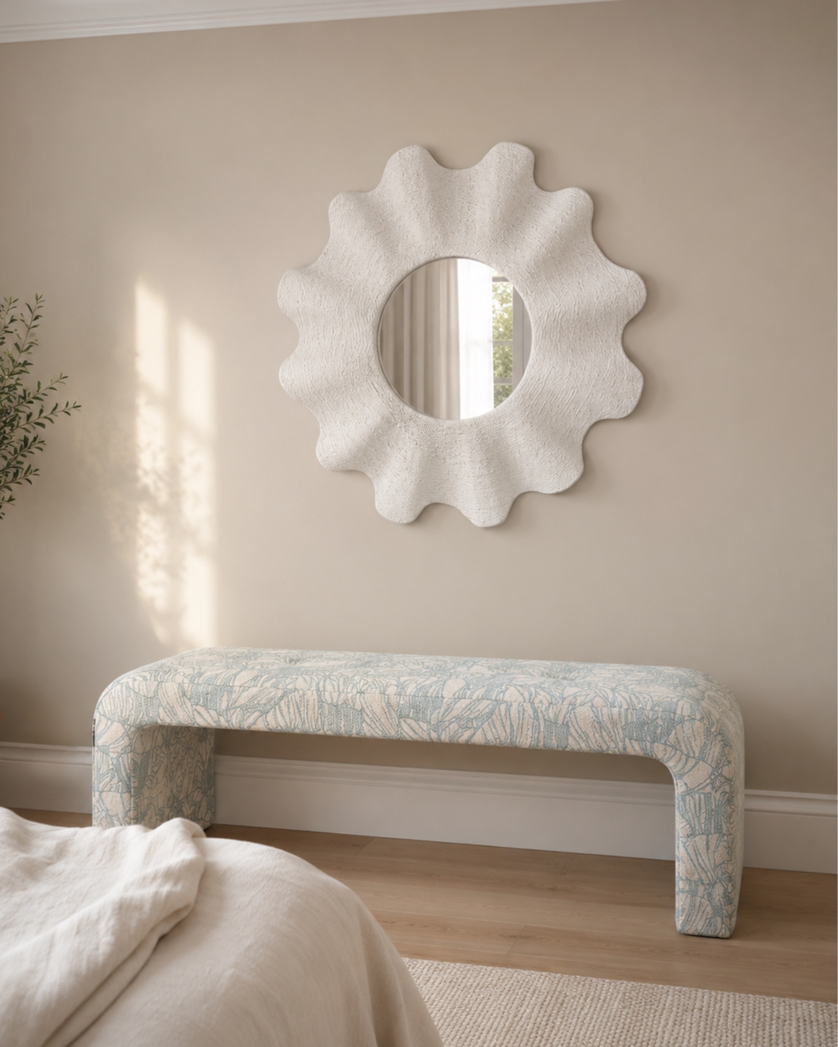 Styling a blank bedroom wall in this beach house design for a client! Love adding a bench and mirror to add something to throw your jacket on & check your makeup before heading out! Simple but effective

#LTKdayinmylife #LTKHome #LTKSaleAlert