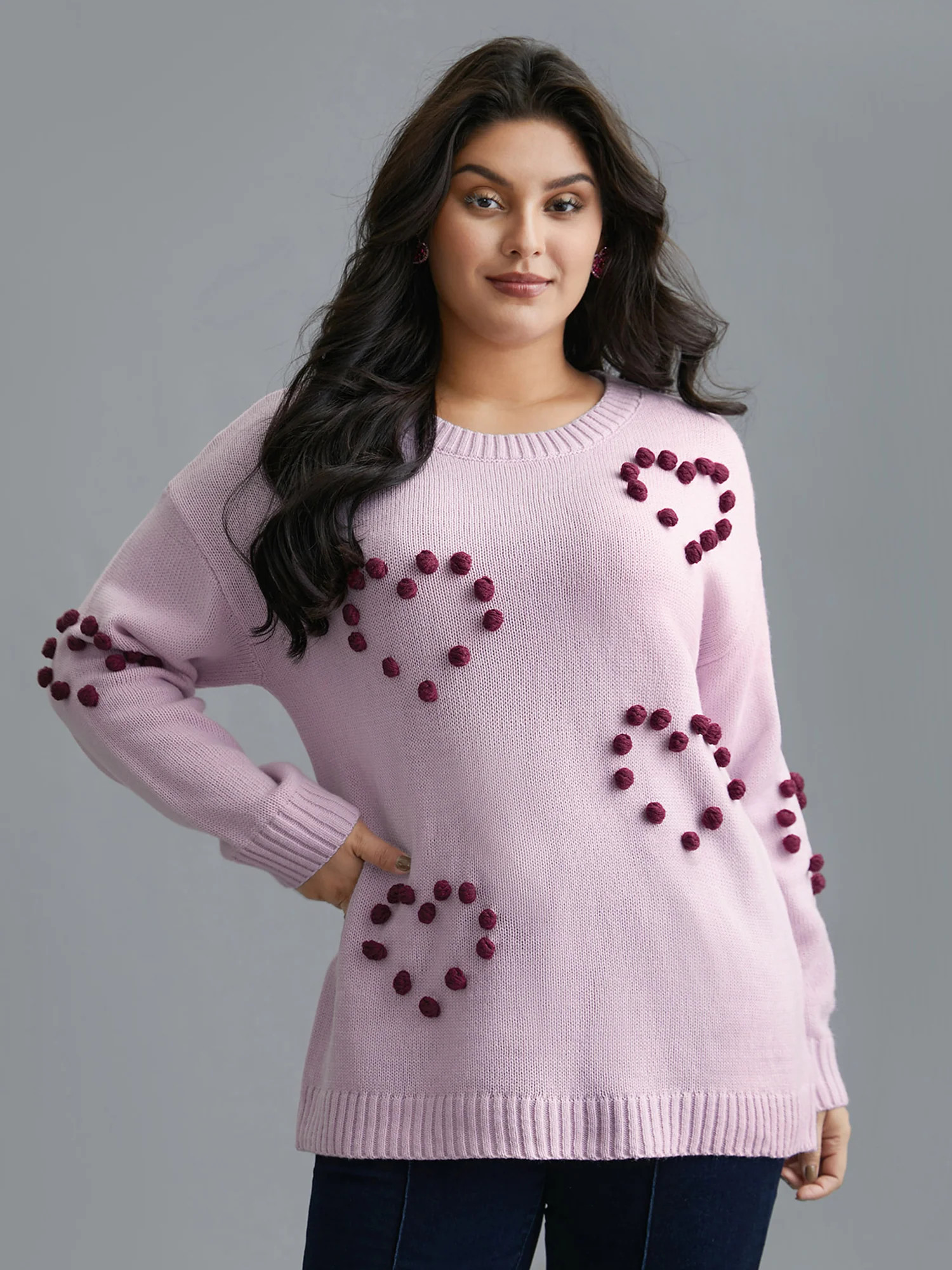 3D Hearts Drop Shoulder Sleeve Pullover | Bloomchic