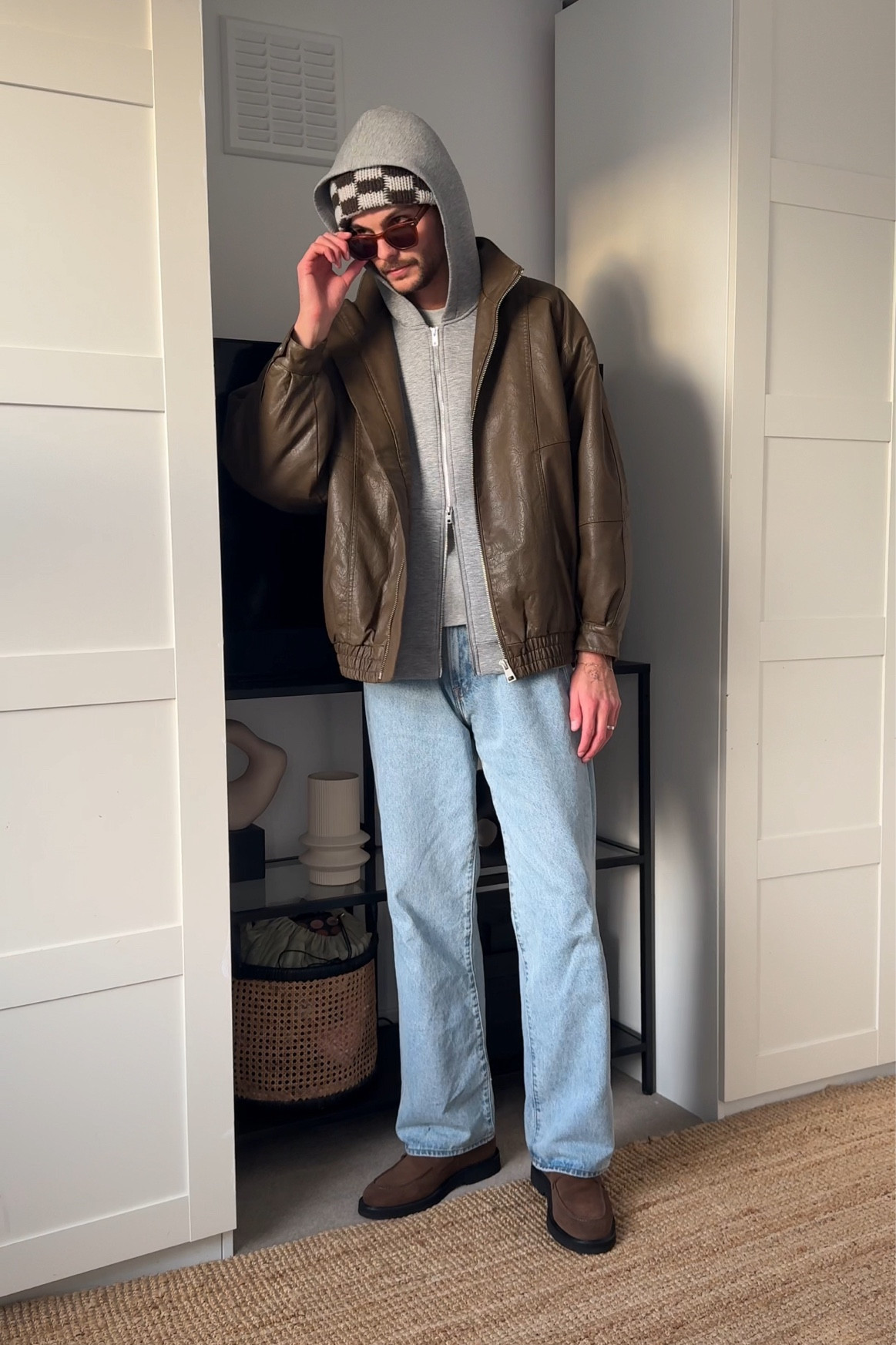 brown leather jacket - asos
oversized grey hoodie scuba - weekday
light wash baggy jeans - abercrombie
brown suede penny loafer - kurt geiger

#LTKmens #LTKGiftGuide #LTKstyletip