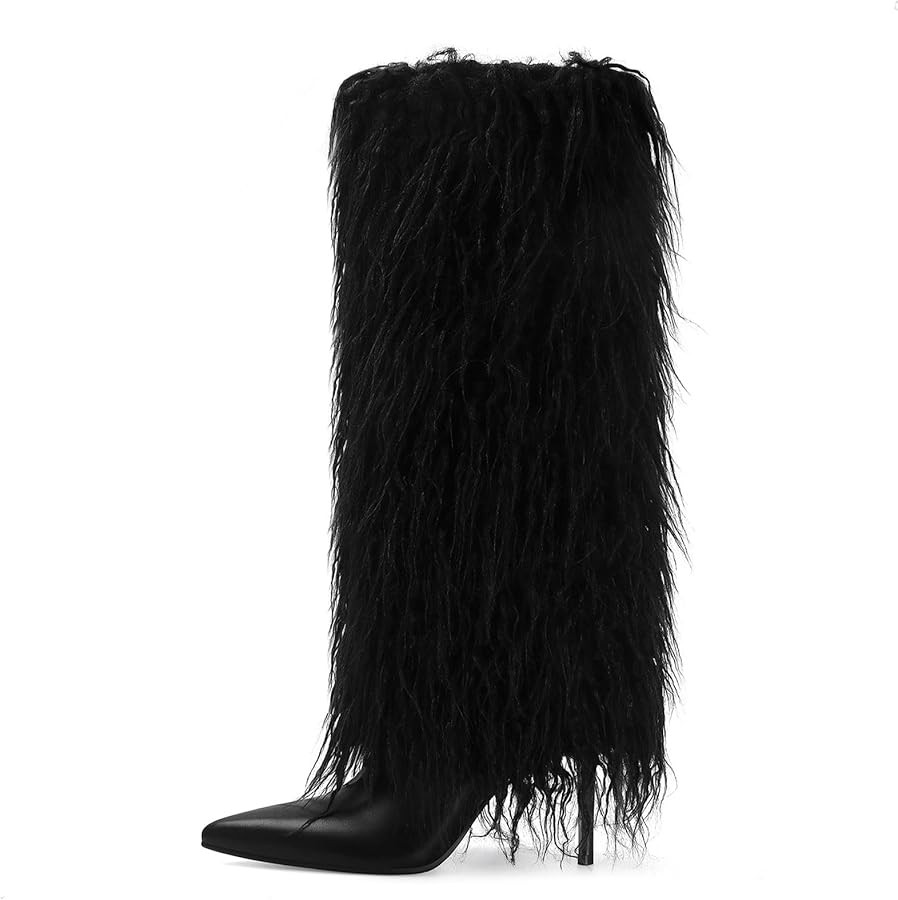 XBKXMK Fur Knee High Boots for Women Pointed Toe Stiletto Heel Fold Over Tall Boots Fashion Wide ... | Amazon (US)