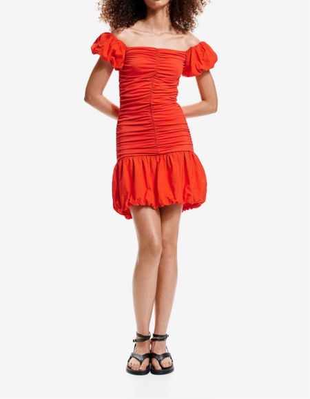 Red bubble hem puff sleeve off the shoulder dress 

#LTKfindsunder50 #LTKSeasonal #LTKstyletip