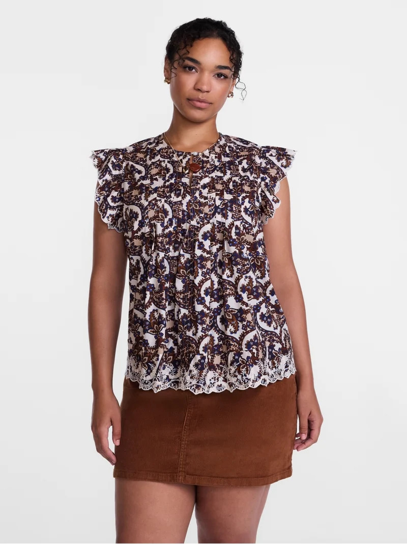 Scenario Women's and Women's Plus Short Sleeve Pleated Embroidered Printed Top, Sizes XS-4X | Walmart (US)