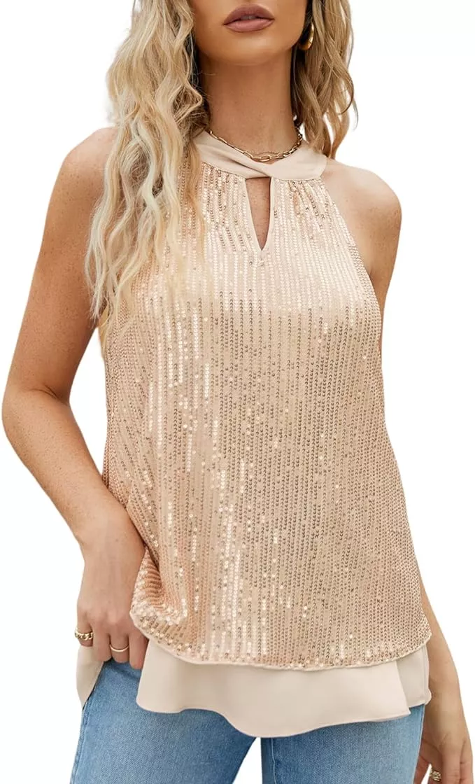 JASAMBAC Womens Sequin Dress Sparkly Glitter Halter Cocktail Party