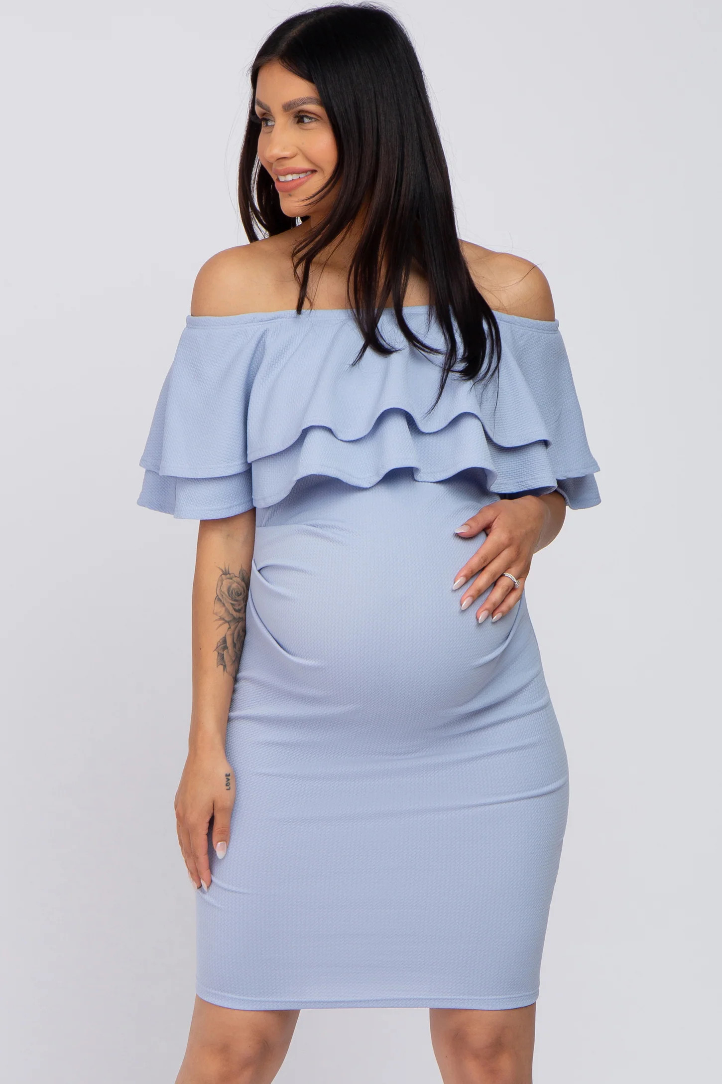 Light Blue Ruffle Off Shoulder Ruched Maternity Dress | PinkBlush Maternity
