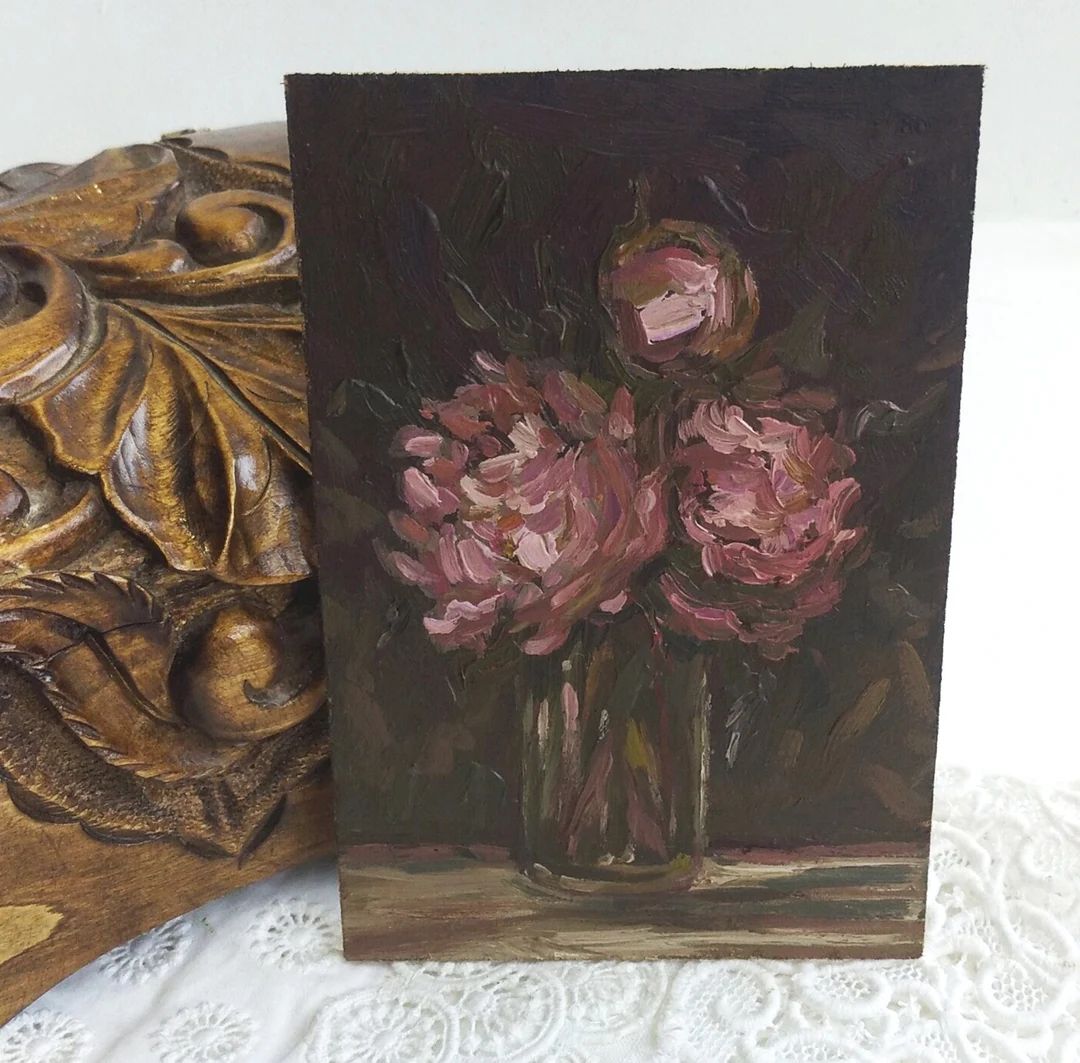 Peony Small Painting,vintage Style Art,floral Still Life,original Painting Gift,floral Wall Art -... | Etsy (US)