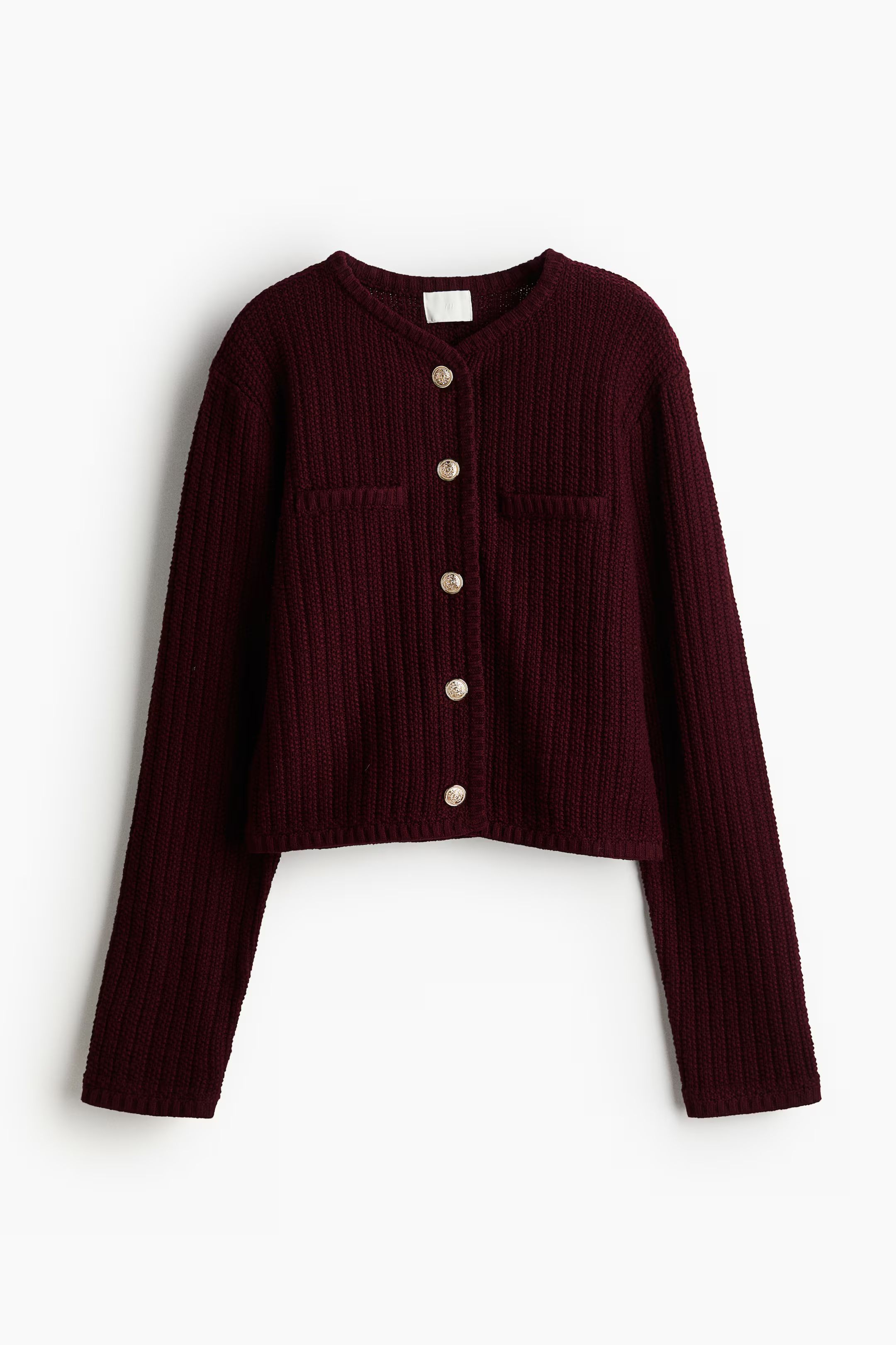 Short Textured-knit Cardigan - Round Neck - Long sleeve - Burgundy - Ladies | H&M US | H&M (US + CA)