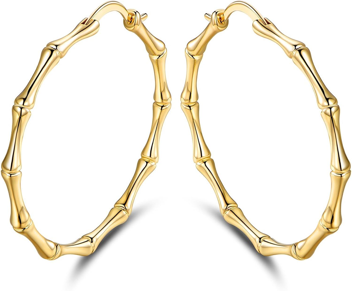 Womens Gold Bamboo Hoop Earrings | Barzel 18K Gold, Rose Gold, or White Gold Plated Bamboo Hoop E... | Amazon (US)