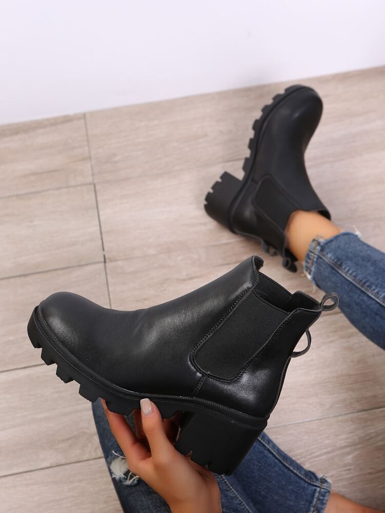 Black Minimalist Chunky Heeled Slip-On Chelsea Boots | SHEIN