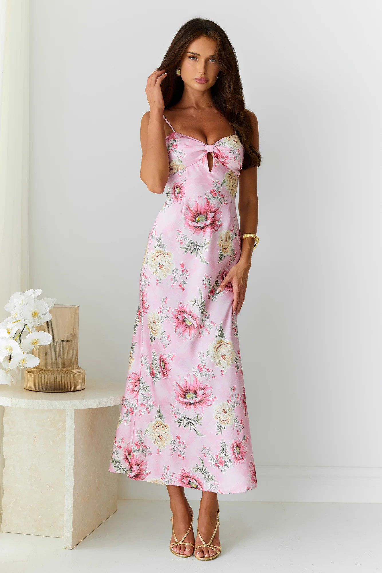 Sun Drenched Shores Satin Midi Dress Pink | Hello Molly (AU)