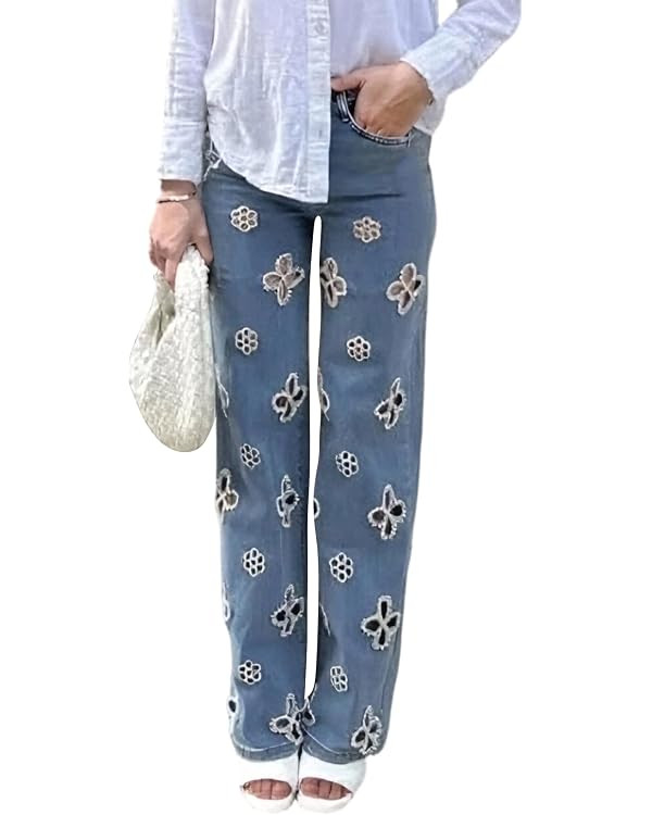 Womens Pearl Jeans Straight Leg High Waist Flower Hollow Out Rhinestone Embellished Pants Baggy S... | Amazon (US)