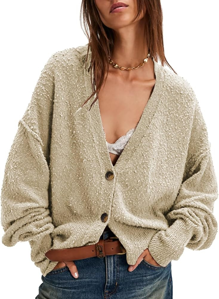 EXLURA Women's Chunky Knit Open Front Sweater Long Sleeve Button V Neck Loose Cardigan Outerwear ... | Amazon (US)