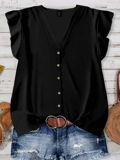 EMERY ROSE Plus Size Women's Daily Casual Vacation V-Neck Small Flying Sleeves Vacation Style Solid Color Loose Black Blouse, Summer Vacation Chic Blouses For Women,Spring | SHEIN